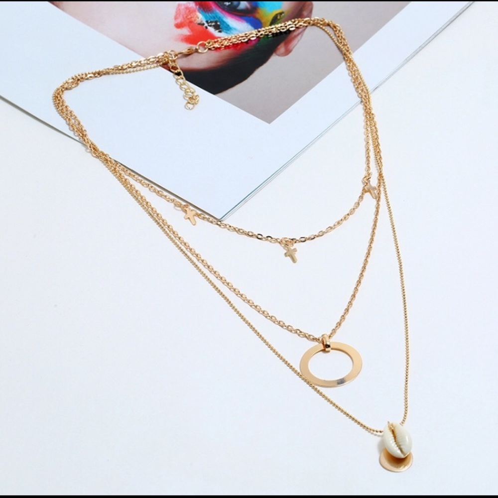 Gold Layered Cross Shell Circle Pendant Necklace - Picture 3 of 8